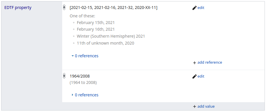 Afbeelding met voorbeelden van EDTF-waardes en hun representatie in een Wikibase-instantie